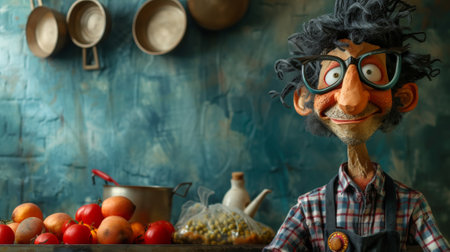 A cartoon character with glasses and a mustache is standing in front of vegetables, AIの素材