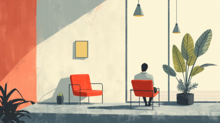 A man sitting in a chair next to potted plant, AIの素材