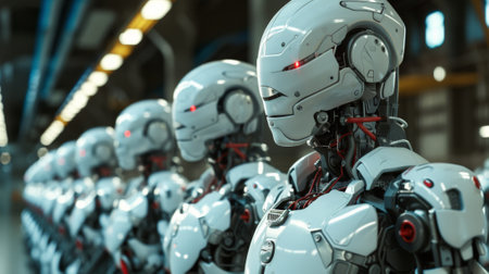 A row of robots lined up in a warehouse with red lights, AIの素材