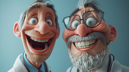 Two animated characters with beards and glasses are smiling, AIの素材