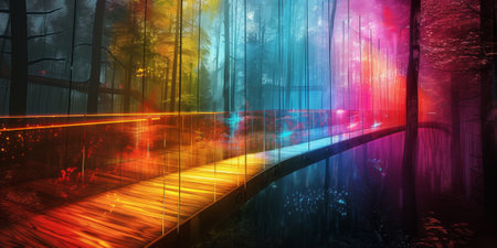 A colorful bridge in a forest with trees and lights, AIの素材
