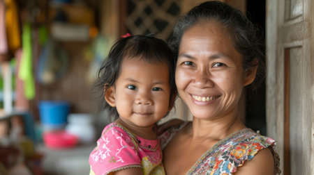 A woman holding a small child in her arms smiling, AIの素材