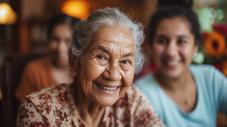 A woman smiling with two women behind her in a room, AIの素材