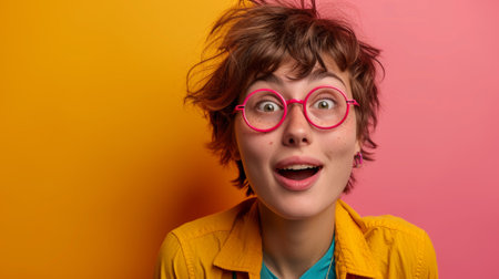 A young woman with glasses and a yellow shirt making an expression, AIの素材