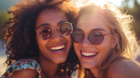 Two women with sunglasses smiling at each other in a picture, AIの素材