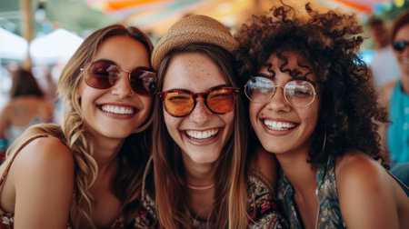 Three women are smiling and wearing sunglasses at a party, AIの素材