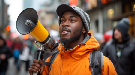 A man in orange jacket holding a megaphone up to his face, AIの素材