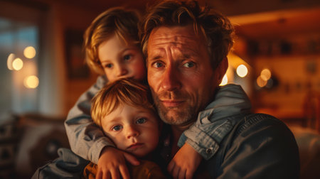 A man with two children on his shoulders in a living room, AIの素材