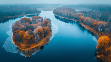 An aerial view of a river surrounded by trees and water, AIの素材