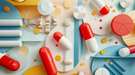 A colorful pill bottles and pills are arranged on a table, AIの素材
