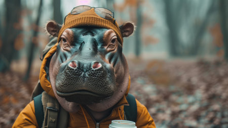 A hippo wearing a hat and jacket with coffee in hand, AIの素材