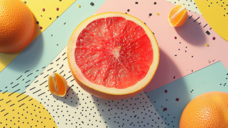 A grapefruit is cut in half and sitting on a colorful background, AIの素材