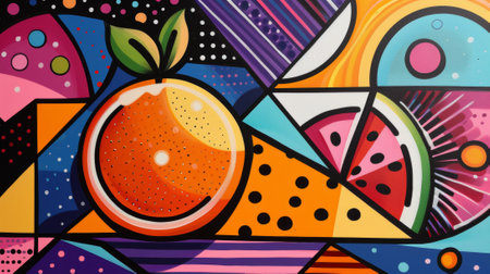 A colorful painting of an orange and watermelon on a geometric background, AIの素材