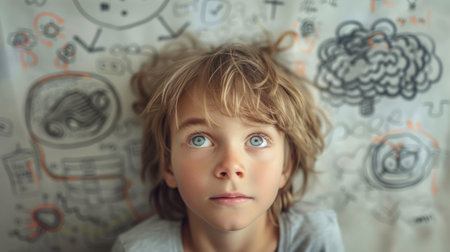 A young boy with a blue shirt and blonde hair looking up, AIの素材