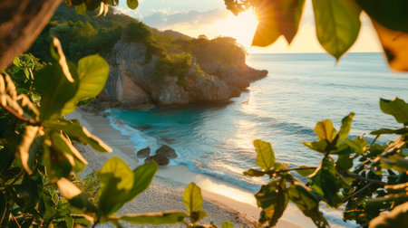 A view of a beach with trees and water in the background, AIの素材
