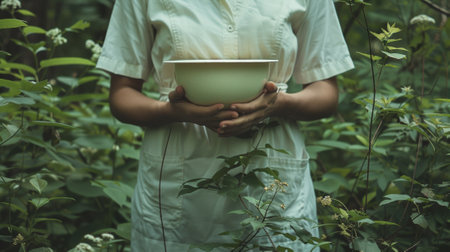 A woman in a white dress holding up an empty bowl, AIの素材