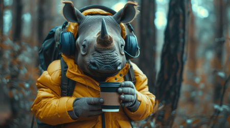 A rhino wearing a yellow jacket and holding coffee in his hand, AIの素材