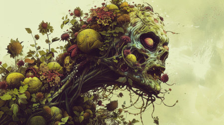 A painting of a skull with vines growing out of it, AIの素材