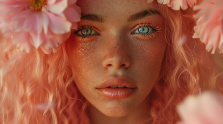 A woman with pink hair surrounded by flowers and a flower crown, AIの素材
