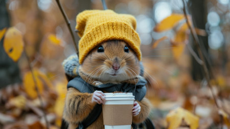 A small rodent wearing a yellow hat and holding coffee, AIの素材