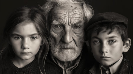 A black and white photo of an old man with two children, AIの素材