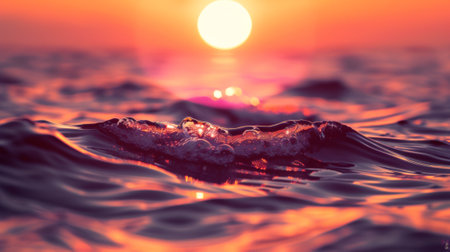 A sunset over the ocean with a wave breaking on top of it, AIの素材