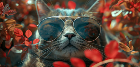 A cat wearing sunglasses and surrounded by leaves with a red background, AIの素材