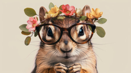 A squirrel wearing glasses and a flower crown with flowers in its hair, AIの素材