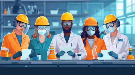 A group of people in lab coats and hard hats standing around a table, AIの素材