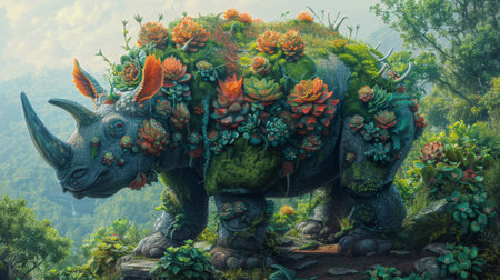 A rhino with a bunch of plants on its back, AIの素材