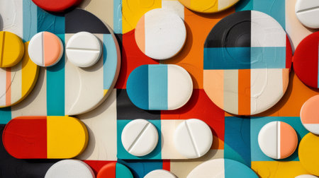 A colorful pill bottles are displayed on a wall with other objects, AIの素材