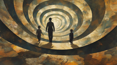 A painting of a man and two children walking through an abstract spiral, AIの素材