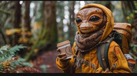 A person in a yellow jacket holding coffee and wearing an alien mask, AIの素材