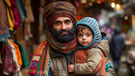 A man with a beard and scarf holding his child, AIの素材