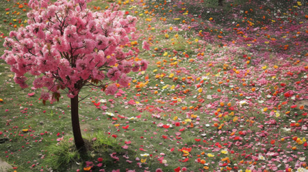 A pink tree in a field of flowers with many other trees, AIの素材