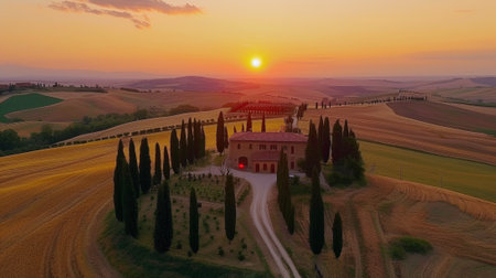 A house sits in the middle of a field with trees, AIの素材