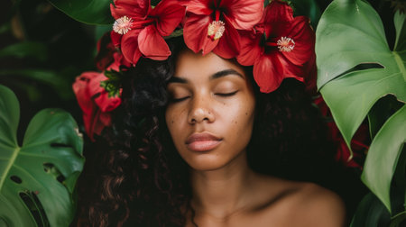 A woman with red flowers on her head and leaves around her, AIの素材