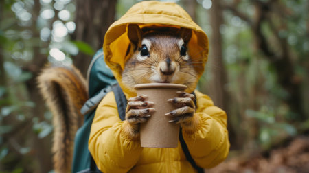 A squirrel in a yellow jacket holding up a cup of coffee, AIの素材