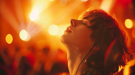 A woman with headphones on looking up at the sky, AIの素材