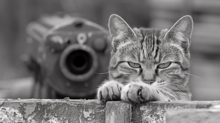A cat looking at a gun with its paw on the fence, AIの素材