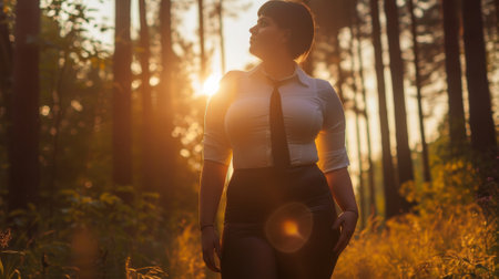 A woman in a tie standing next to trees and grass, AIの素材