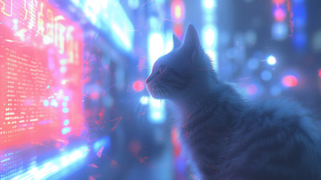 A cat sitting in front of a screen with lights on it, AIの素材