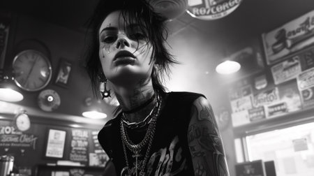 A woman with tattoos and piercings standing in a bar, AIの素材