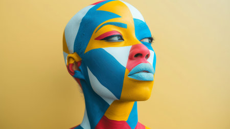 A woman with painted face and body making a funny expression, AIの素材