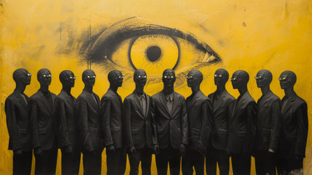 A group of men in black suits standing next to a yellow painting, AIの素材