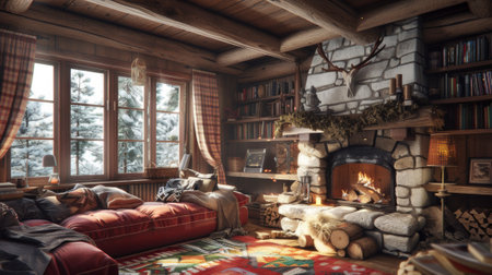 A living room with a fireplace and couch in front of it, AIの素材