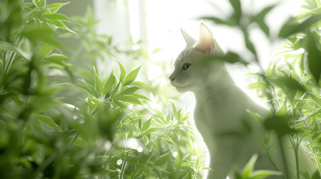 A white cat sitting in a field of green plants, AIの素材