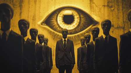 A group of men in suits with an eye behind them, AIの素材