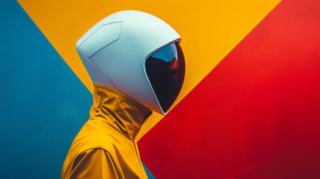 A person wearing a yellow jacket and white helmet with colorful background, AIの素材
