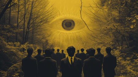 A group of men in suits standing around a tree with an eye, AIの素材